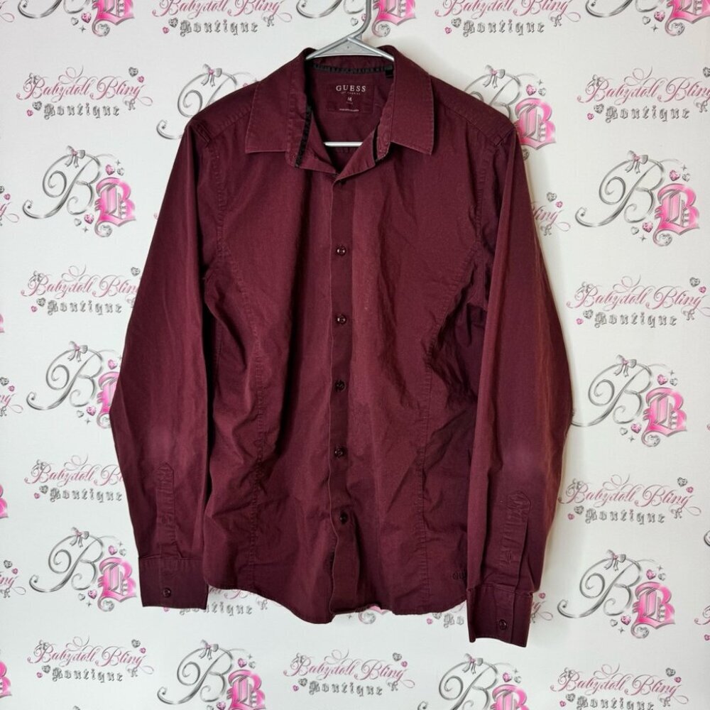 Guess Men's Burgundy Shirt button up collar dress shirt